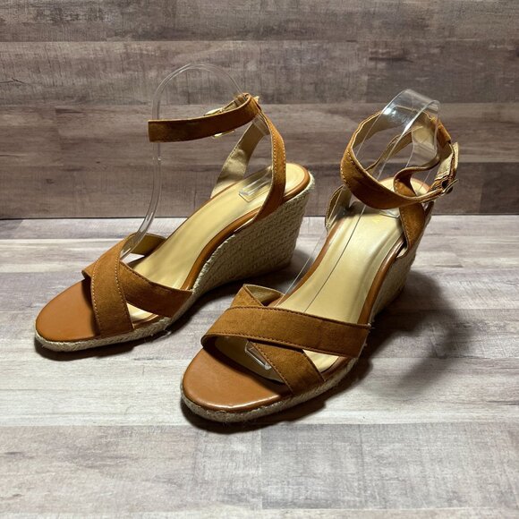 Old Navy Womens Cognac Cross Strap Wedge Sandals Size 11 Espadrille Heel - Picture 7 of 15